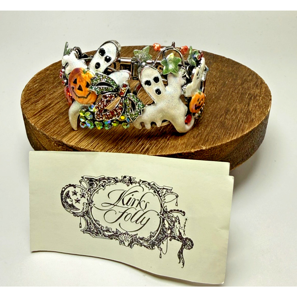 Kirks Folly Pumpkin Patch Party Cuff Hinged Bracelet Ghosts Silver Tone Vintage